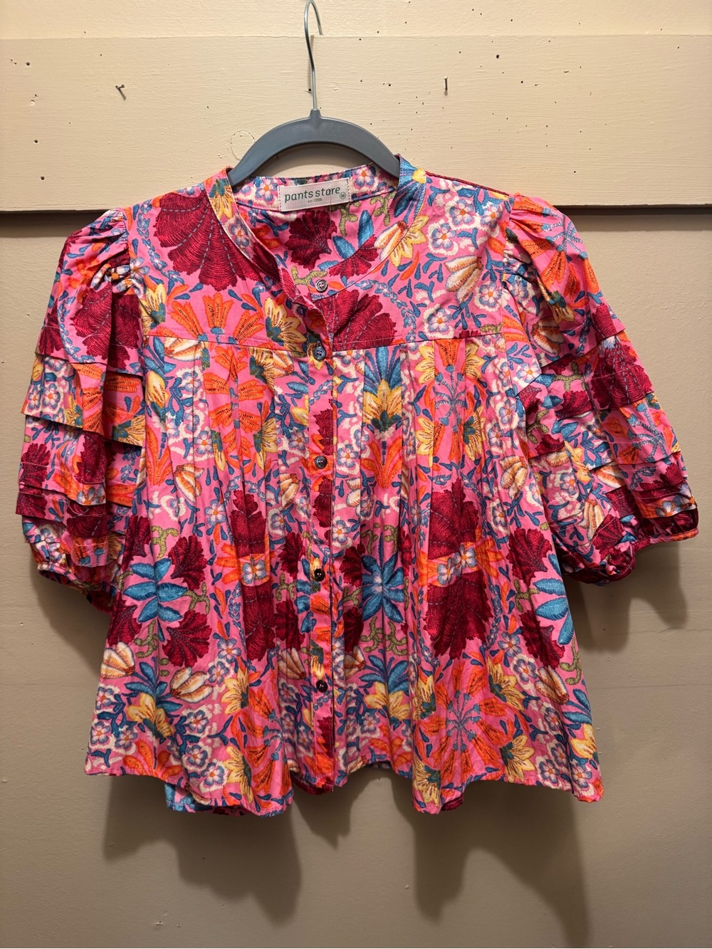 Paisley Floral Button-Front Puff Sleeve Blouse - Pink Multi
